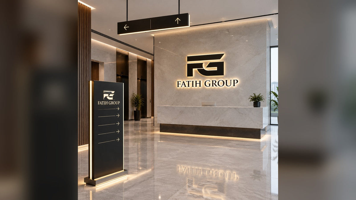 Wayfinding directional signs in a commercial lobby