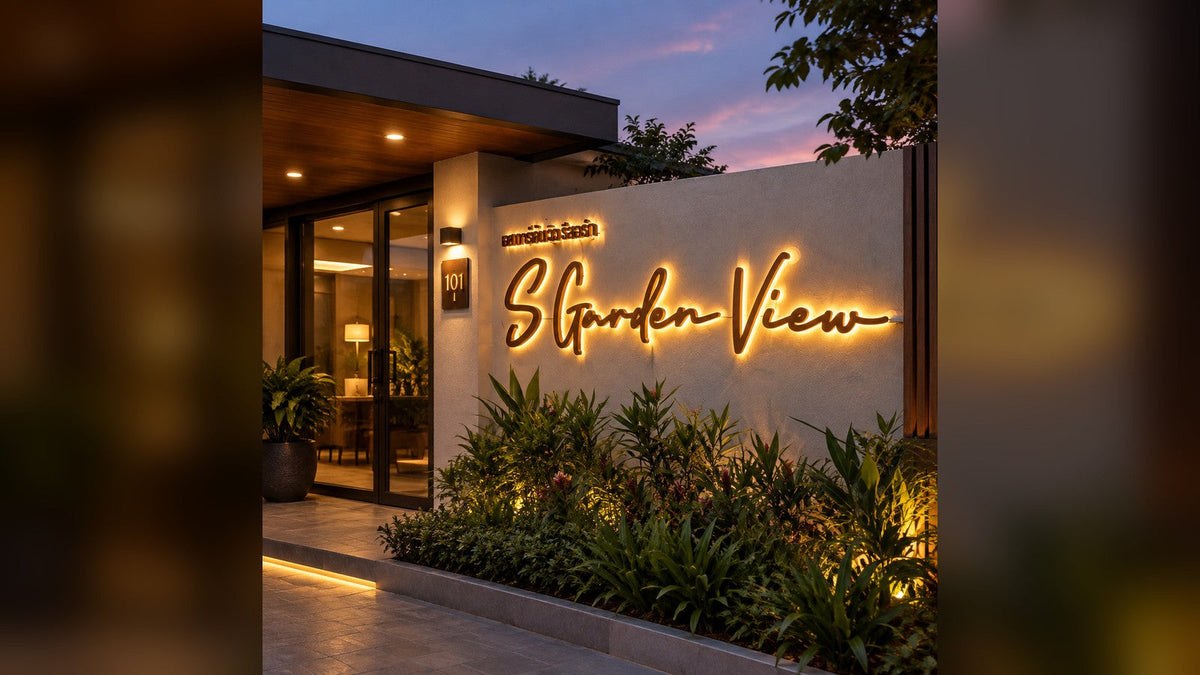 Hotel entrance sign and room number plaque