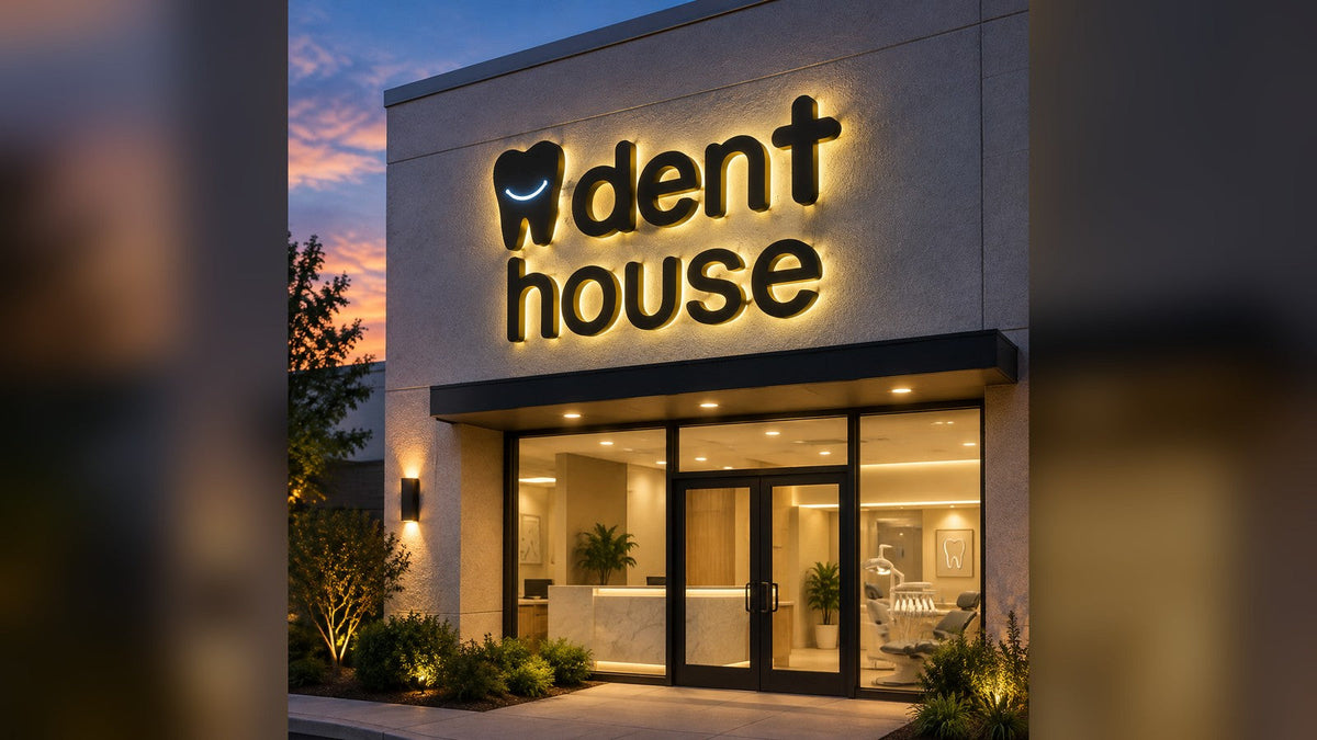 Dental clinic storefront with illuminated signage